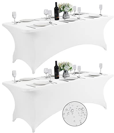 Supero 2 Stück wasserdichte Spandex Tischhussen für 8 Fuß Tischhussen Stretch Stretch Stretch Universal für Party, Bankett, Hochzeit und Veranstaltung, Weiß