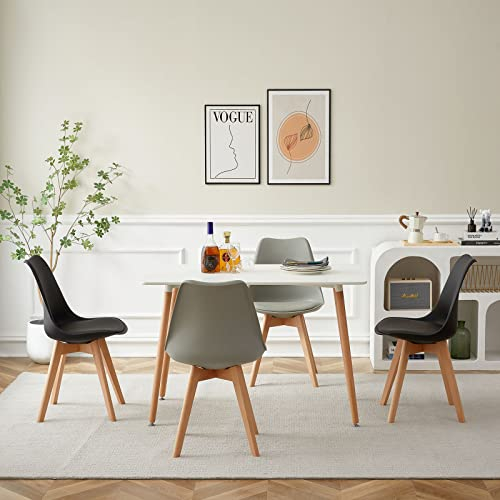 FURNITABLE Set aus Esstisch Weiß mit 4 Stühle,Esszimmergruppe für Küche Esszimmer Büro, Schwarz + Grau