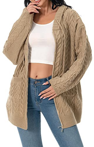 shineflow Donne con Cappuccio Facile Oversize Cavo Cerniera Cappotto Cardigan a Maglia Maglia Tinta Unita Maglione Casual (Khaki,XL)