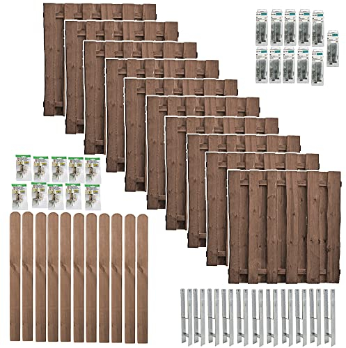 Bohlenzaun Kolding | Komplettset mit Montagematerial & 10 Stk. Holzzaun 180x180 cm & 11 Stk. Pfosten (braun) 9x9x190 cm | ca. 19 lfd. Meter | Sichtschutz-Zaun | Zaunelemente