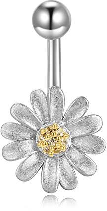 YFN S925 Sterling Silber Daisy Bauchnabel Piercing für Frauen – Hypoallergen, Elegant, Hochwertiger Nabelrin (Gänseblümchen)