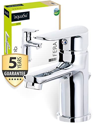 'aquaSu® Waschtischarmatur Fera, mit Wasserspar-Mischdüse, Excentergarnitur, Keramikkartusche, Standard-Montage, Messingkern, verchromt, 798396