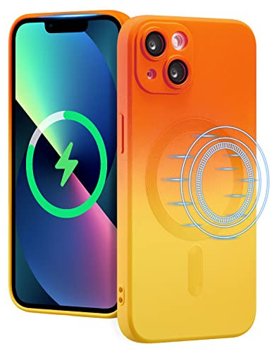 UEEBAI Magnetic Case for iPhone 15, Bi-color Case Compatible with MagSafe Charger Silicone Cover with Camera Lens Protector Soft Silicon Phone Case 6.1 inch - Orange Yellow