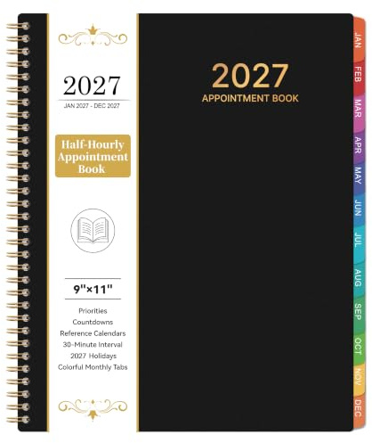Planer 2027 - Terminbuch 2027, Tages- und Stundenplaner, 22,9 x 27,9 cm | JAN 2027 - DEZ 2027, Terminplaner mit 30-Minuten-Intervall, wöchentlich & monatlich, bunte Monats-Tabs, Tasche, Schwarz