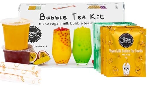 Vegan Milk Bubble Tea Kit Gift Set | 6 Servings | Set includes Mango and Melon powders, Passion Fruit and Raspberry Popping Boba and Paper Straws | By The TeaShed