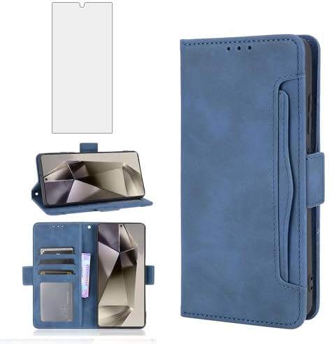 Asuwish Compatible with Samsung Galaxy S24 Ultra 5G Wallet Case and Tempered Glass Screen Protector Card Holder Stand Leather Flip Cell Phone Cover for S24Ultra 24S S 24 24Ultra Women Men Blue