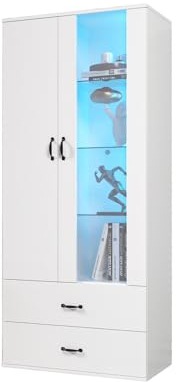 Bentiss LED-Beleuchteter Vitrinenschrank mit 2 Türen, 2 Schubladen Weiß Hochglanz mit Glastüren,LED-Beleuchtung(59.5 x 35 x 182 cm)