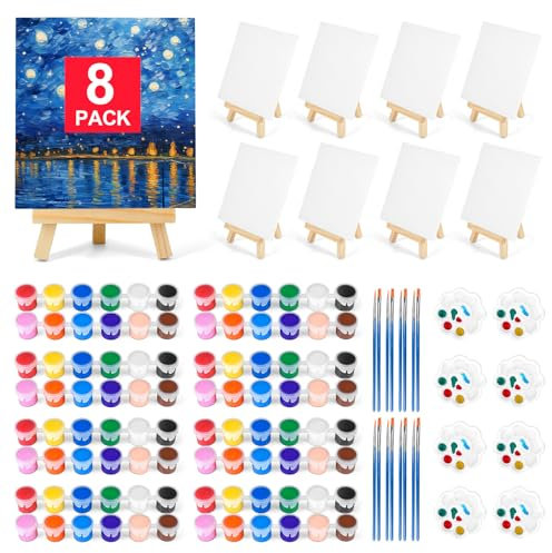 Pomaylor 8 Pack 8*10In Art Canvas Set for Painting with 8 Easels, 16 Brushes, 8 Paint Trays, 16 Acrylic Paint, Cotton & Pine Wood, Acrylic Painting Kit