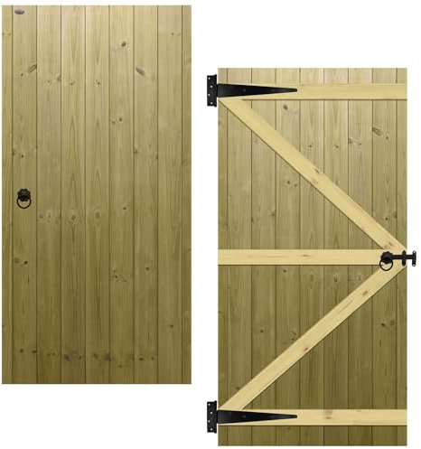 Flat Top Wooden Garden Gate 6x3ft - Tongue & Groove Semi-Braced Treated Timber Door + Ring Latch Hinge Pack, H:6ft x W:3ft Ideal for Outdoor Pathway Home Access (High: 180cm x Wide: 90cm)