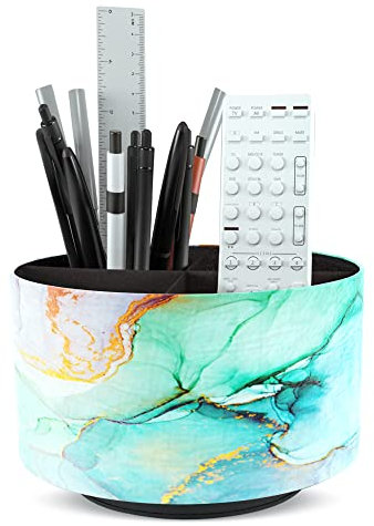 Czzmy Rotation range télécommande,Circulaire Support de télécommande en PU Cuir avec 4 Compartiments,Organisateur de bureau multifonction pour TV telecommande,Lunettes(1-Jet d'encre bleu - Vert)