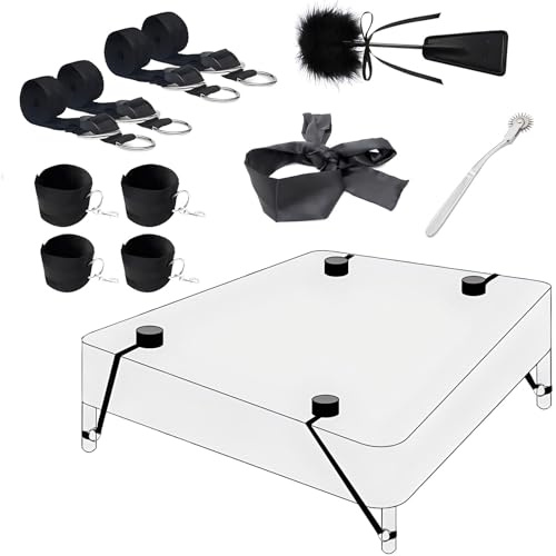 Bondage-Set Bett Fesseln – Extrem stabiles BDSM Fesselset mit Bettfesseln, Handschellen, Peitsche, Augenbinde, Wartenberg Rad, SM Sexspielzeug für Paare – Perfekt als besonderes Sexspielzeug-Geschenk