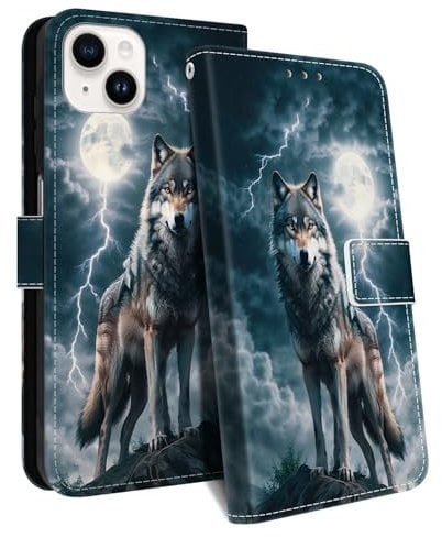 HopMore Case for iPhone 13/14 PU Leather Phone Case Protective Flip Case with Magnetic Closure Card Slot Kickstand Wrist Strap Pattern Cover for iPhone 13/14, A Wolf