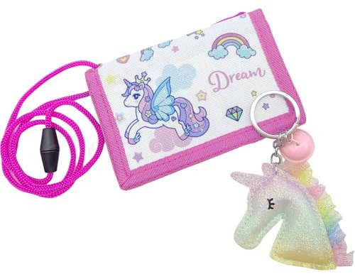 Bikasun Brustbeutel Kinder Einhorn mit Schlüsselanhänger, Geldbörse Geldbeutel für Mädchen rosa, Geldbeutel zum umhängen, Brieftasche Kleine, Weihnachten Geburtstag Geschenk