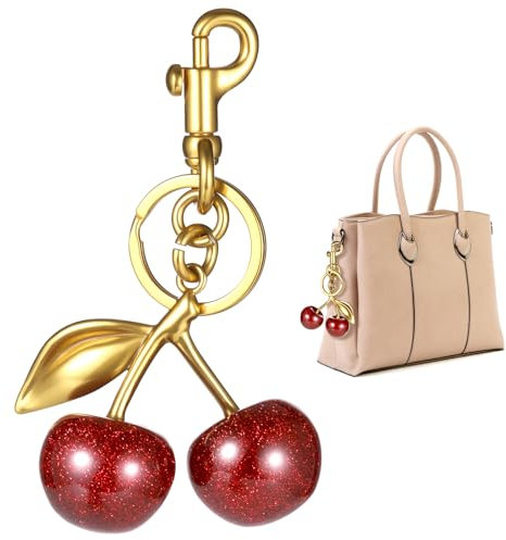 Huiguli Porte Clés Cerise, Porte Clés en Forme de Cerise Rouge, Élégant Porte Clef, Accessoire Fashion Cerise Sacs Charme pour Femme et Amoureuses de Mode, Accessoires en Or