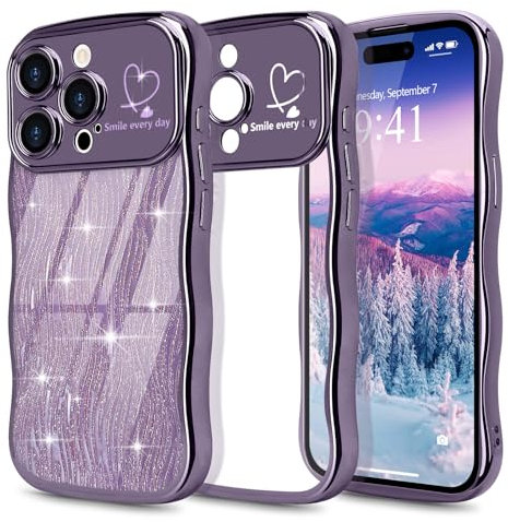 Wirvyuer Compatibile con iPhone 15 Pro Cover Glitter Onde Forma Ricciolo Custodia con per cellulare Carta Glitter Rimovibile Cover Trasparente Soft Silicone Case per iPhone 15 Pro Viola Scuro