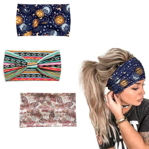 Lot de 3 bandeaux imprimés, extra larges, élastiques pour le yoga, le sport et les cheveux pour femme