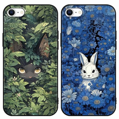 Yimctoie 2 Stück Handyhülle für iPhone 7/8/SE 2020/SE 2022 Hülle 4,7,Cute Kaninchen Karikatur Katze Aesthetic Blau Gänseblümchen Case,Cat Cartoon Schutzhülle Schwarz Silikon TPU Stoßfeste Cover