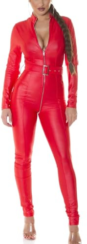 Koucla Gogo Lederlook Overall Langarm Jumpsuit mit hot Zipper und Gürtel L