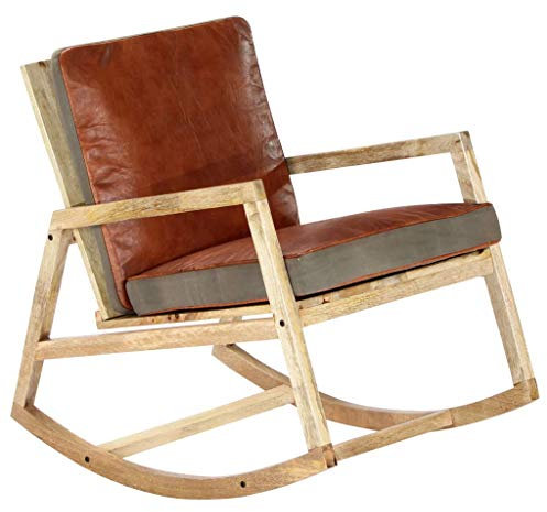 Sufrk Schaukelstuhl Braun Echtleder und Massivholz Mango Relaxstuhl Schaukelsessel Schwingsessel Relaxsessel Schwingstuhl Polstersessel Sessel Stuhl