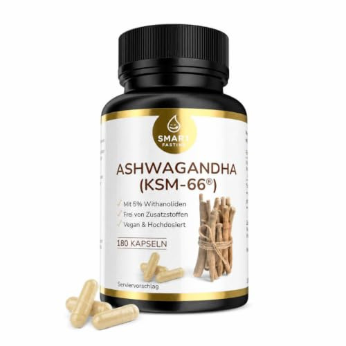Ashwagandha Kapseln – Premium KSM-66® Wurzelextrakt – 180 Kapseln – 600 mg je Tagesdosis mit 5% Withanoliden – Vegan – Hergestellt & laborgeprüft in Deutschland