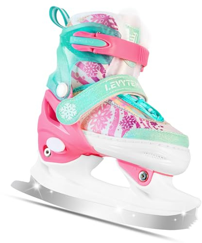 LEVYTEMP Adjustable Ice Skates for Kids Boys Girls - Warm Fleece Lined, 4 Size Adjustable Beginner Snowflake Blades Ankle Support Figure Skates for Outdoor and Rink,Green
