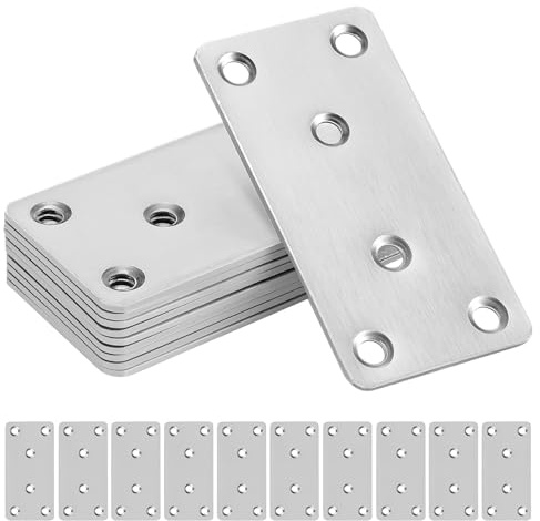 Mynoozi 10Pcs Heavy-Duty Stainless Steel Flat Brackets (80x40x2mm) - Wood Connector Plates, Sleeper Brackets & Mending Plates for Wood Joining & Repair