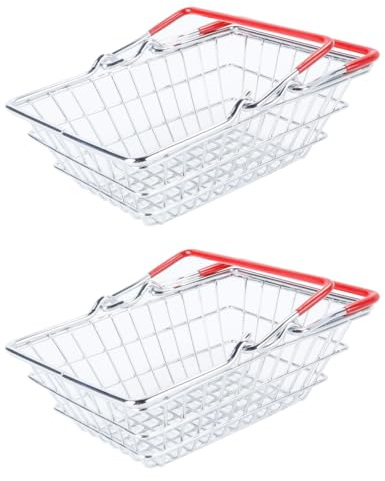 Hoite Lot de 2 mini paniers de courses en métal réaliste avec poignées en acier inoxydable et caoutchouc, rectangulaires, de style moderne, portables et de rangement