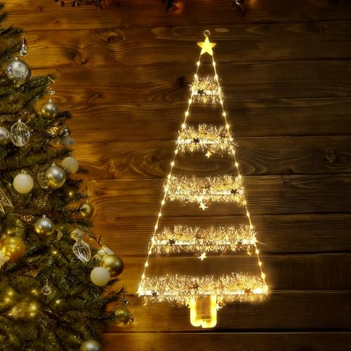 GAROMIA Weihnachtsleiter Weihnachtsdeko 87cm Weihnachtsbaum Leiter Lichterkette mit Girlande Weihnachtsbeleuchtung Fenster 8 Modi Warmweiß Weihnachtsdeko für Fenster