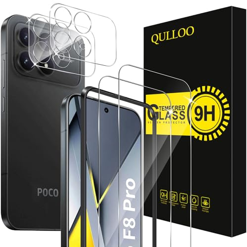 QULLOO Protector de Pantalla para Xiaomi Poco F8 Pro, 2 Piezas Cristal Templado y 2 Piezas Protector de Lente de Cámara, Dureza 9H Ultra Resistente Vidrio Templado