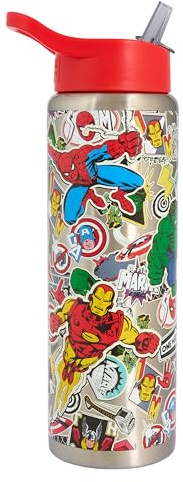 Marvel Avengers Bouteille d'eau en acier inoxydable avec paille, 750 ml, couvercle rouge, Spider-Man Hulk, Iron Man, Captain America, Thor