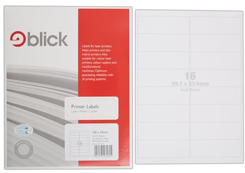Blick Labels, White, 16 Per Sheet 25 Sheets, Rectangular, 100mm x 34mm, 400 Labels, For Home, Office, Family, School