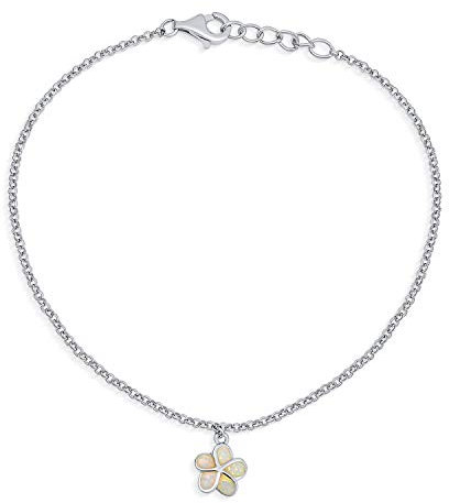 Bling Jewelry Erstellt Weißen Opal Inlay Plumeria Blume Fußkettchen Link Kette Knöchel Armband Für Frauen Sterling Silber Einstellbar