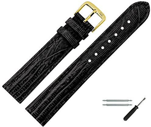 MARBURGER Uhrenarmband 12mm Leder Schwarz Gold Eidechse (Teju) Prägung Mit Naht - Montage Set 3551210000220