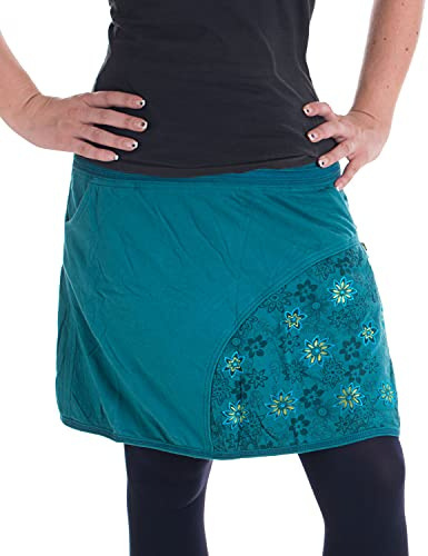 Vishes - Alternative Bekleidung - Bedruckter und bestickter Baumwollrock mit Blumen und ?Hosentaschen? türkis-blau 38