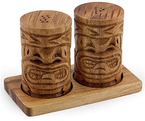 Island Home Acacia Wood Tiki Salt & Pepper Shakers (2 x 3 inch), Hand Carved with Holding Tray