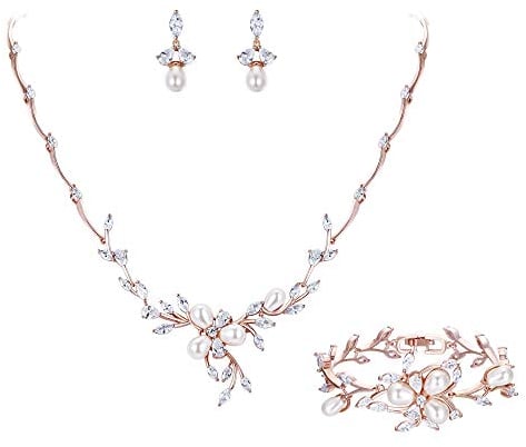 EVER FAITH CZ simulierte Perle Blume Blatt Filigrane Halskette Ohrringe Armband Set Klar Rosa-Gold-Ton