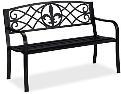 Relaxdays Gartenbank, Fleur de Lis Motiv, 2-Sitzer, Stahl, Garten und Terrasse, HxBxT: 86 x 127 x 60 cm, schwarz