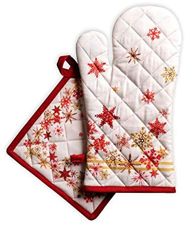 Maison d' Hermine Crystal Star Ensemble de Gants de Four 100% Coton (19cm x 33cm) et maniques (20cm x 20cm) pour Le Barbecue, la Cuisine, la pâtisserie, Le Micro-Ondes,Thanksgiving, Noël