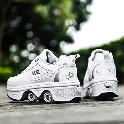 JTKDL Rollschuh Roller Skates Lauflernschuhe, Sneakers, 2 In 1 Mehrzweckschuhe Schuhe Mit Rollen Skateboardschuhe, Inline-Skate, Verstellbare Quad-Rollschuh Stiefel,Silver-EU40/UK6