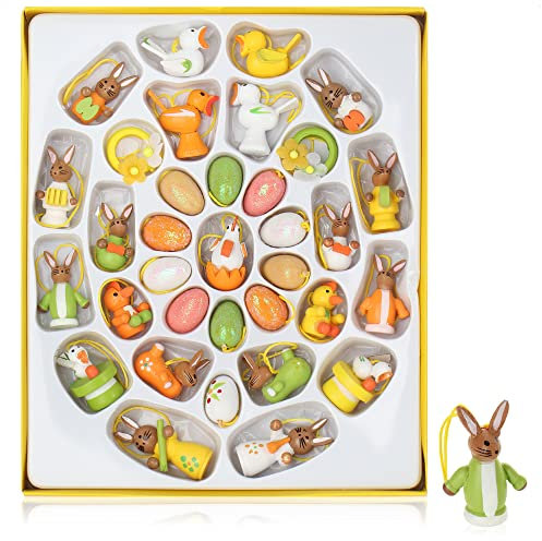 com-four® 34-teiliges Set Holzfiguren Ostern - bis 4 cm - Osterschmuck aus Holz - Holzfiguren für den Osterstrauch zum Anhängen (034 Anhänger bunt)