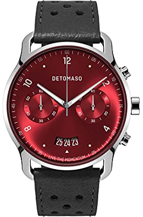 DeTomaso SORPASSO Chronograph Limited Edition Silver RED Herren-Armbanduhr Analog Quarz Leder Armband Schwarz