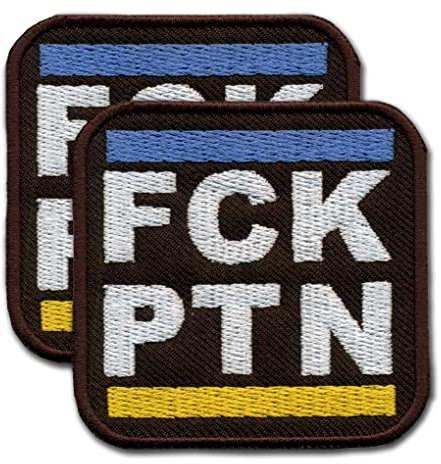 FCK PTN - Fuck Putin - bestickt/Patch/Abzeichen/Emblem - schwarzer Hintergrund - 6 x 6 cm - zum Aufnähen oder Aufbügeln - zwei Streifen in Farben der Flagge der Ukraine