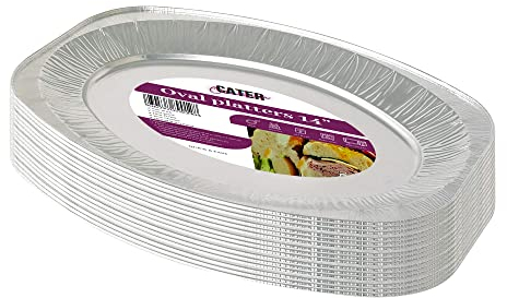 CaterOcassions Bandeja grande desechable para servir – Bandejas de aluminio para comida de fiesta – Reutilizable – Paquete de 12 bandejas – Platos ovalados de 14 pulgadas – Apto para horno y alimentos