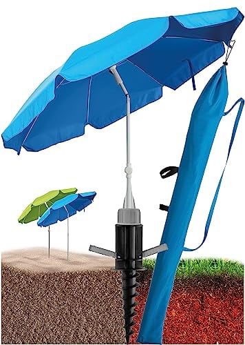 4smile Sonnenschirm Strand SunnyJoy 3-IN-1-SET, Fb. Blau - Strandschirm Ø 180 cm + Bodenhülse + Schutzhülle - Strandschirm windfest stabil, Strandschirm mit UV-Schutz 50+