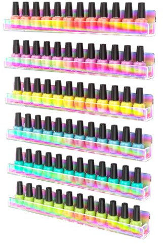FEMELI Nail Polish Wall Rack 6 Shelves,Rainbow Iridescent Acrylic Nail Polish Holder Organizer for 66-90 Bottles