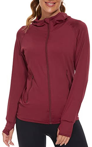 AMZSPORT Women's Running Jacket Long Sleeve Gym Sports Hoodie with Zip Side Pocket, Red M