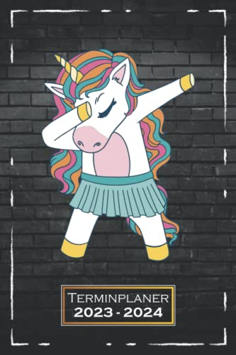 Terminplaner 2023-2024: Einhorn, Dabbing | A5 (6x9) | 1 Woche auf 2 Seiten | mit Monatsübersicht, Feiertagsliste & Kontakttabelle | Softcover | Motif | qd1