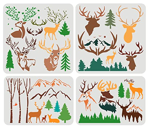 FINGERINSPIRE 4 STÜCKE Wald Hirsch Berg Schablone 2 Größe Weihnachten Elch Schablone Wiederverwendbare Tierschablonen Kiefern Hirsche DIY Stencil Schablonen für Holzschilder Weihnachtsdekoration