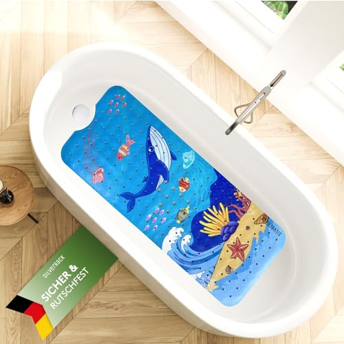 SilverRack Kinder Badewannenmatte 100x40 cm (Wal Welle Motiv) - Antirutschmatte Badewanne BPA frei für Kinder und Babys - Duschmatte schimmelresistent & maschinenwaschbar - Badematte rutschfest