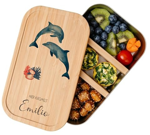Manufaktur Liebevoll - Personalisierte Brotdose mit Fächern, Edelstahl Lunchbox mit Bambus Deckel u. Trenner, Nachhaltige Brotbüchse | Mädchen, Jungen (Motiv Delfine, Weißblech | S)